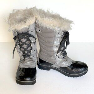 Sorel Girls Sz 4 Tofino 2 Gray & Black Snow Boots Waterproof Faux Fur MSRP $115